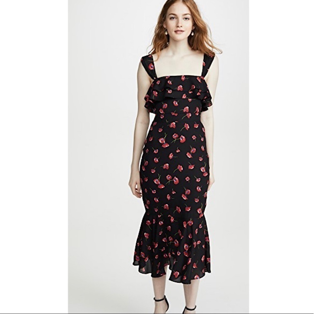 LIKELY Dress Black Red Sheath Floral Square-Neck Silk